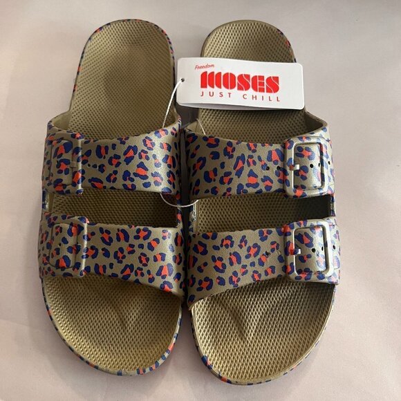 Freedom Moses Cheetah Kahki Slides Sandals. NWT - Picture 1 of 7